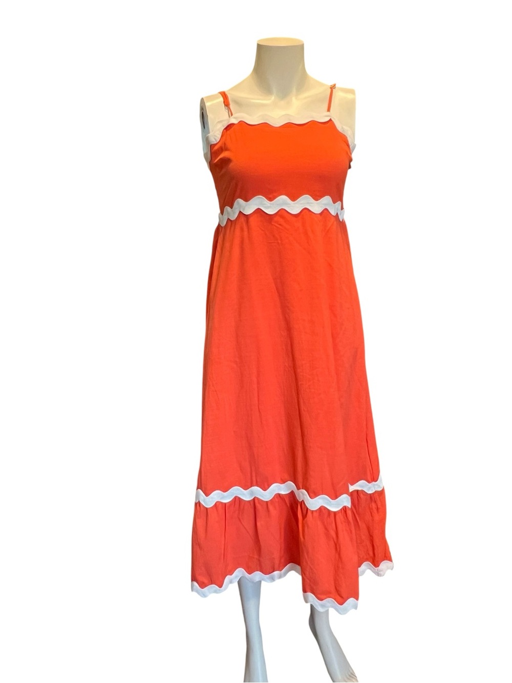 Zesica Sleeveless Orange Midi Dress with White Scalloped Trim